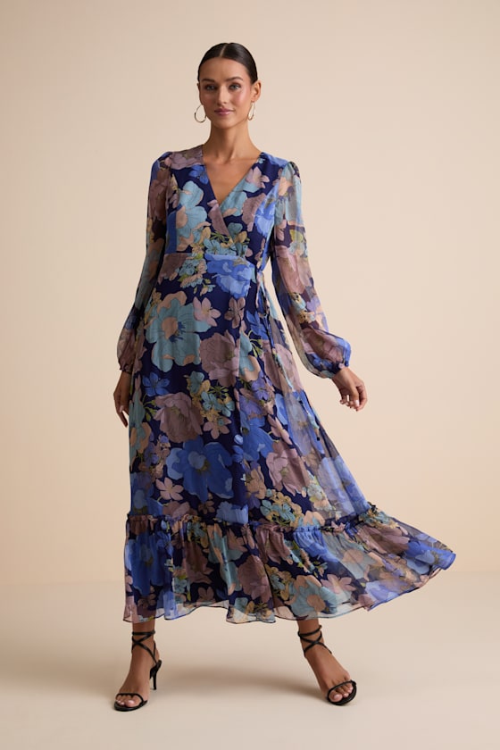 Feeling Sweet Navy Floral Print Long Sleeve Wrap Maxi Dress #Color_Navy Floral Print