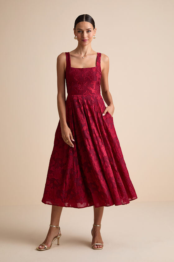 Loira Mint Burnout Jacquard Lace-Up Midi Dress #Color_Burgundy