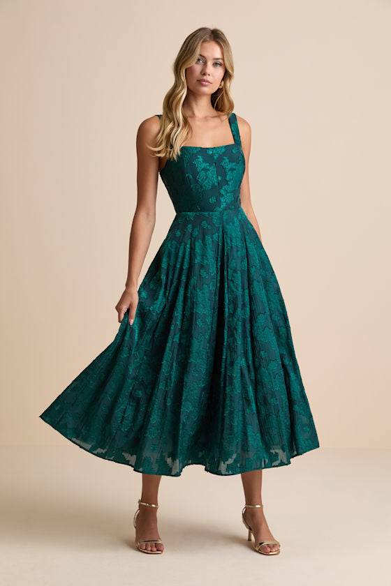 Loira Mint Burnout Jacquard Lace-Up Midi Dress #Color_Emerald