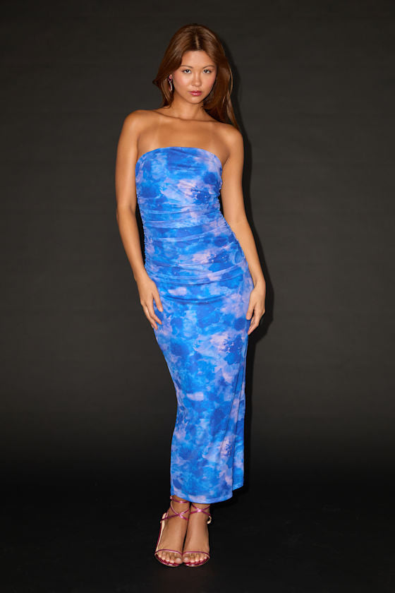 Late Night Crush Orange Multi Mesh Ruched Strapless Midi Dress