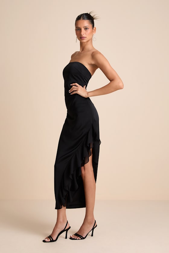 Graceful Perfection Black Satin Ruffled Strapless Midi Dress #Color_Black