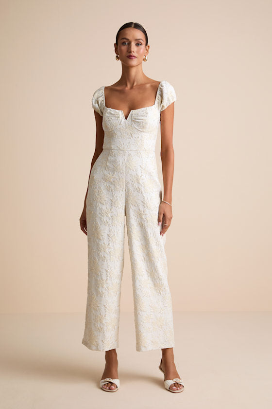 New Glam Midnight Blue Floral Jacquard Off-the-Shoulder Jumpsuit
