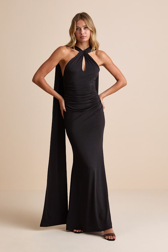Noretta Plum Jersey Knit Keyhole Cutout Sash Maxi Dress #Color_Black