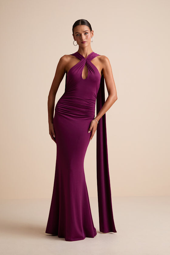 Noretta Plum Jersey Knit Keyhole Cutout Sash Maxi Dress #Color_Plum