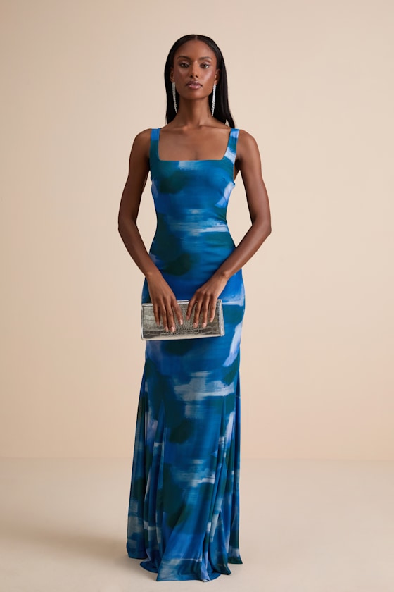 Zemina Blue Abstract Godet Pleated Mermaid Maxi Dress #Color_Blue Abstract
