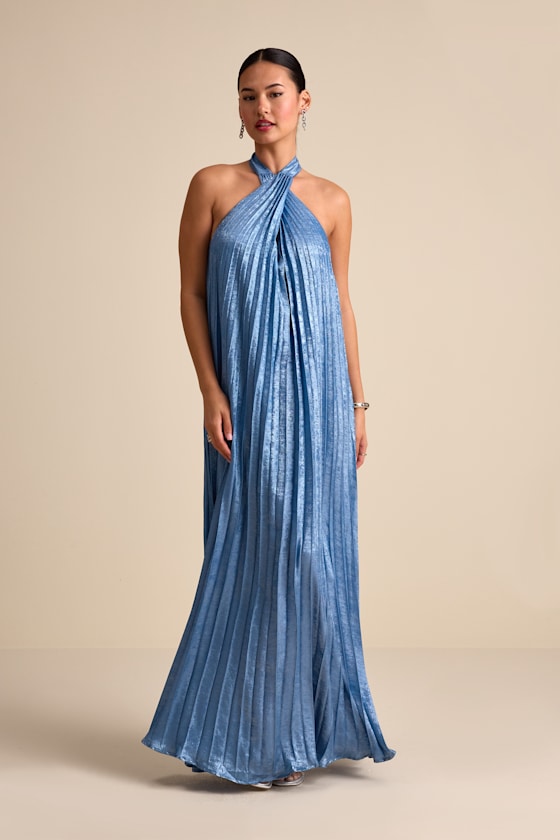Gelsey Dusty Blue Pleated Halter Shift Maxi Dress #Color_Dusty Blue
