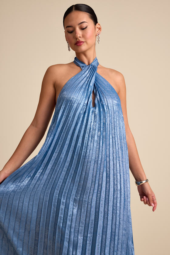 Gelsey Dusty Blue Pleated Halter Shift Maxi Dress #Color_Dusty Blue