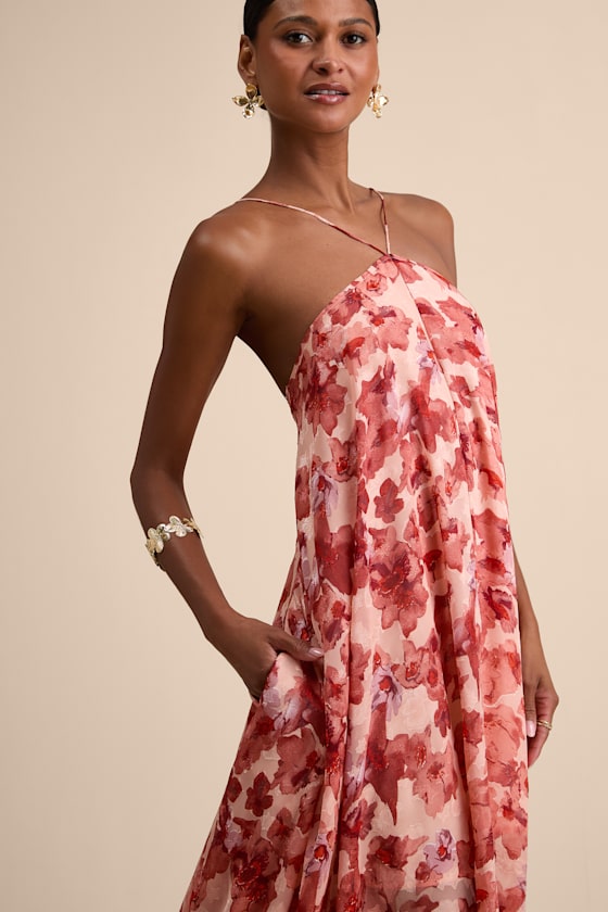Dezzi Blush Multi Floral Halter Shift Maxi Dress #Color_Blush Multi Floral