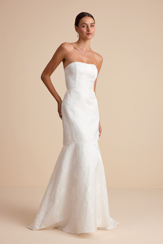 Cagney White Floral Jacquard Strapless Trumpet Maxi Dress