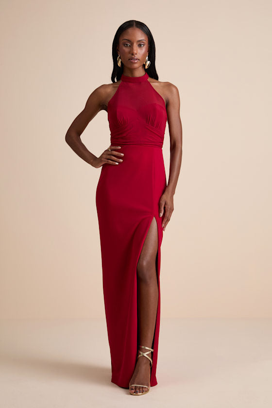 Baani Dark Brown Column Halter Maxi Dress #Color_Red