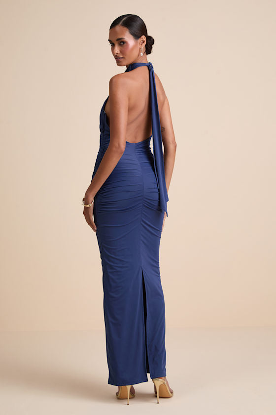 Seraiah Black Knotted Ruched Halter Maxi Dress