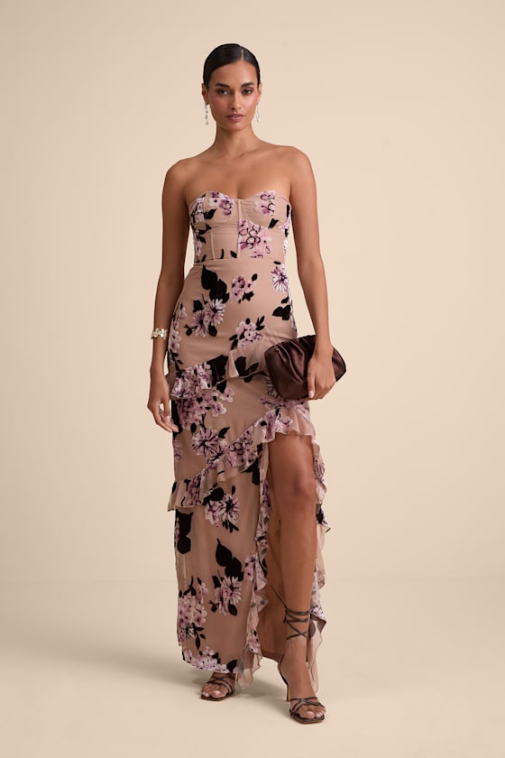 Chelisa Beige Floral Ruffled Strapless Bustier Maxi Dress #Color_Beige Floral
