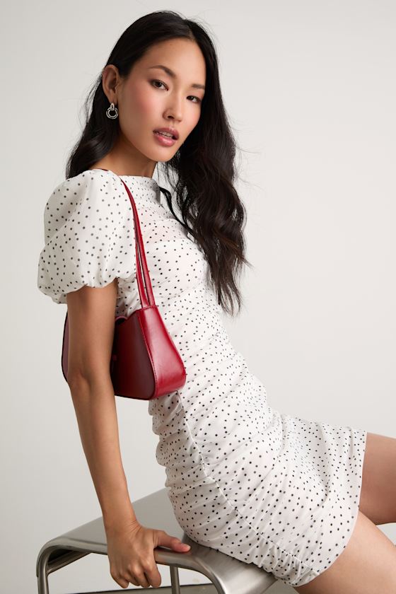 Claritza White Polka Dot Ruched Puff Sleeve Mini Dress #Color_White Polka Dot