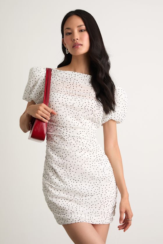Claritza White Polka Dot Ruched Puff Sleeve Mini Dress #Color_White Polka Dot