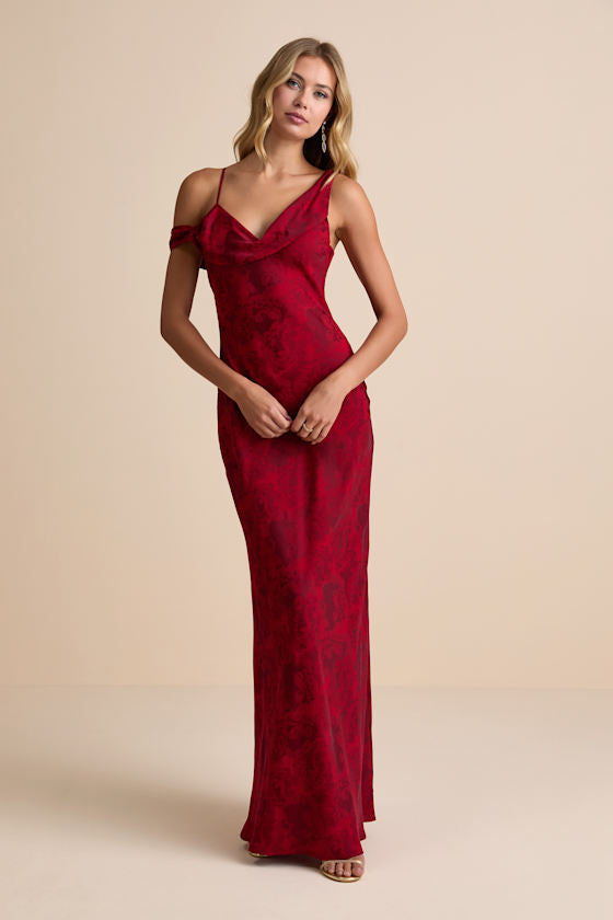 Minnie Red Satin Jacquard Asymmetrical Maxi Dress #Color_Red