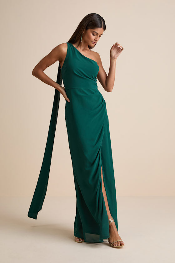 Adeline Lavender One-Shoulder Scarf Maxi Dress #Color_Emerald