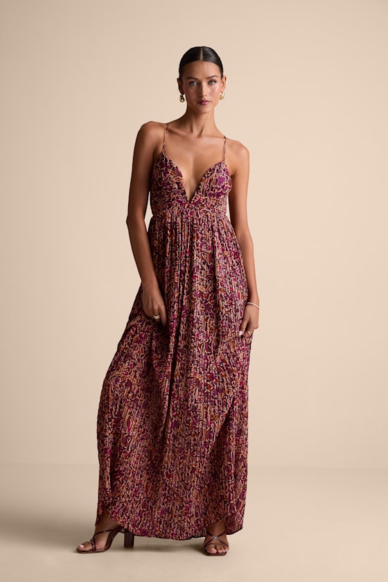 Kit Plum Multi Floral Pleated Lace-Up Maxi Dress #Color_Plum Multi Floral