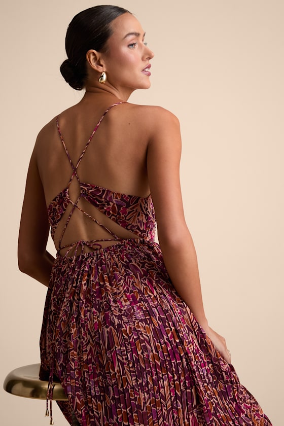 Kit Plum Multi Floral Pleated Lace-Up Maxi Dress #Color_Plum Multi Floral
