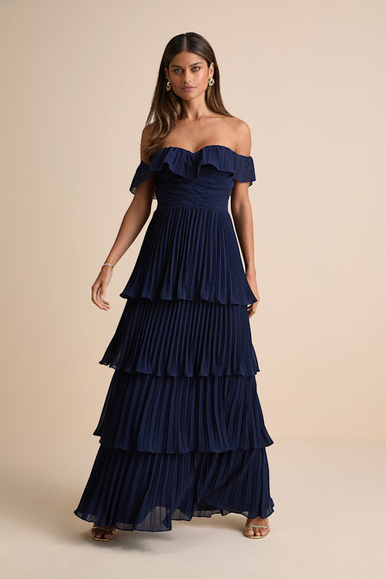 Always Remarkable Black Pleated Off-the-Shoulder Maxi Dress #Color_Navy