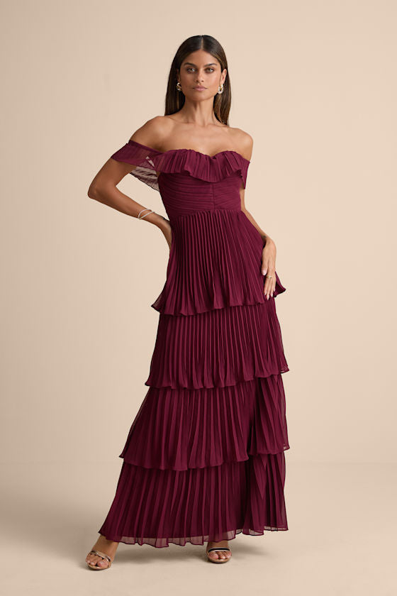 Always Remarkable Rusty Rose Pleated Off-the-Shoulder Maxi Dress #Color_Burgundy