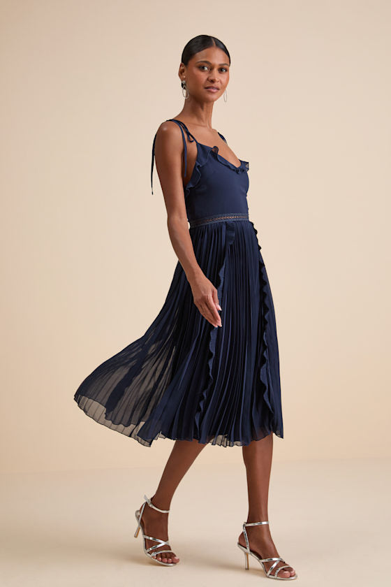 Never a Dull Moment Bright Red Tie-Strap Pleated Midi Dress #Color_Navy