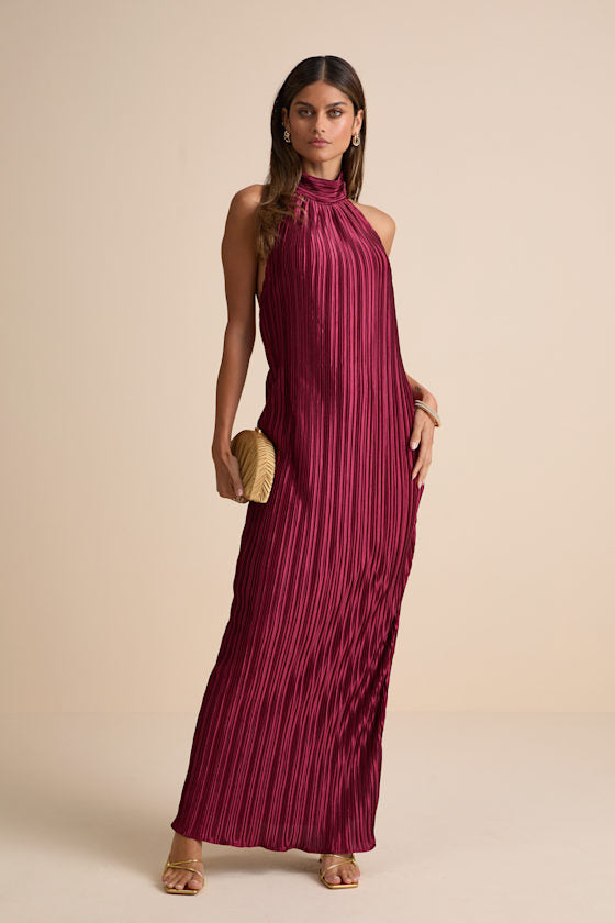 Gwenny Golden Yellow Satin Plisse Maxi Dress