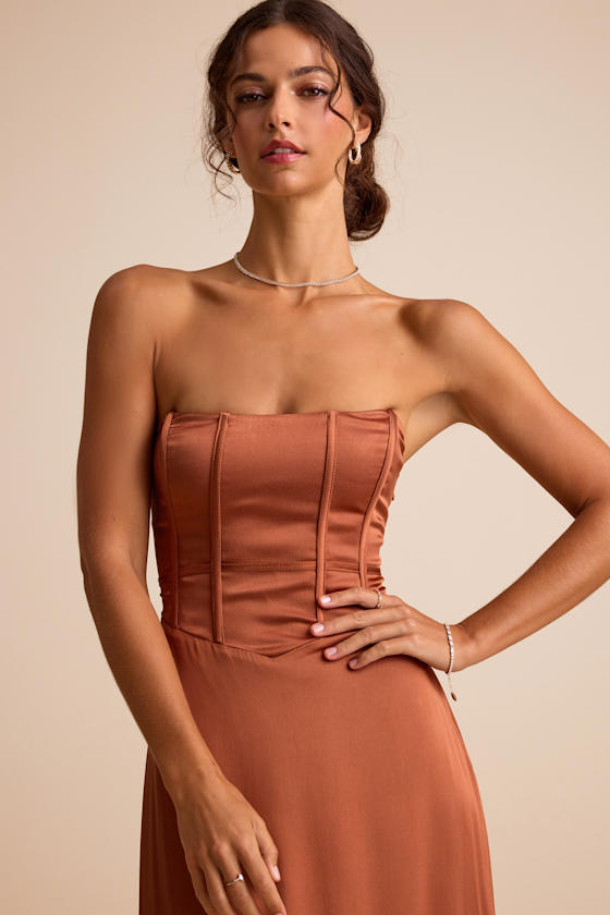 Extraordinary Presence Rust Brown Satin Strapless Maxi Dress #Color_Rust Brown