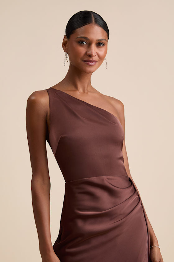 Signature Elegance Rose Satin One-Shoulder Maxi Dress