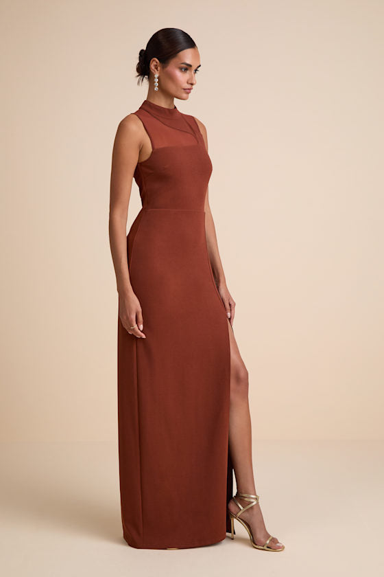 Irresistibly Modern Rust Brown Mesh Mock Neck Maxi Dress #Color_Rust Brown