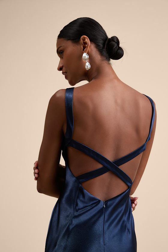 Perfectly Classy Light Blue Satin Strappy Maxi Dress