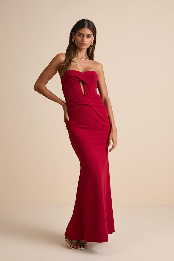 Elegant Finesse Light Blue Pleated Cutout Maxi Dress #Color_Red