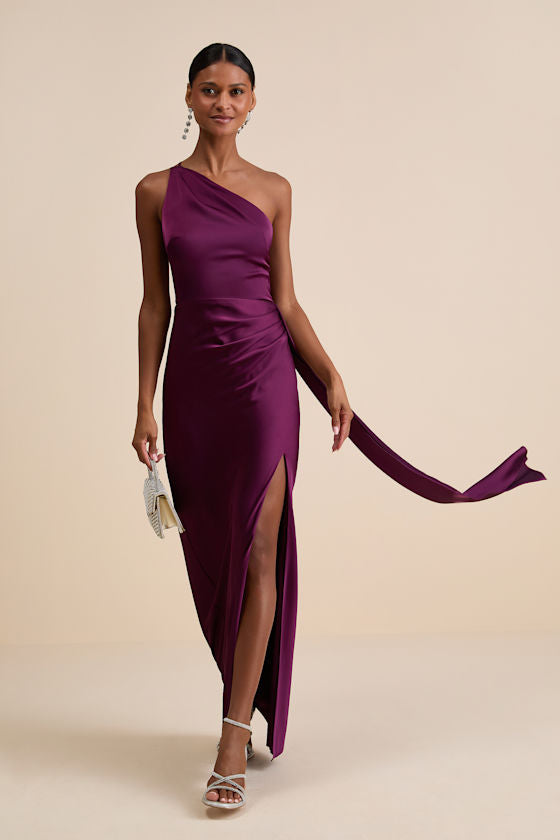 Signature Elegance Plum Purple Satin One-Shoulder Maxi Dress #Color_Plum Purple