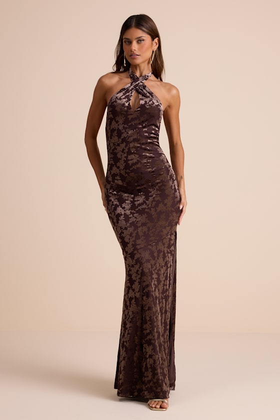 Sharon Brown Velvet Burnout Halter Maxi Dress #Color_Brown
