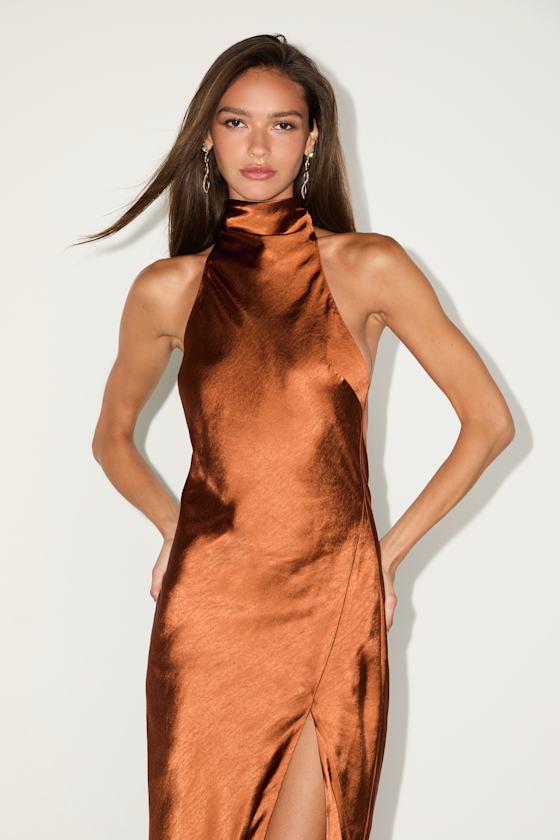 Exceptional Status Yellow Halter Backless Slip Midi Dress