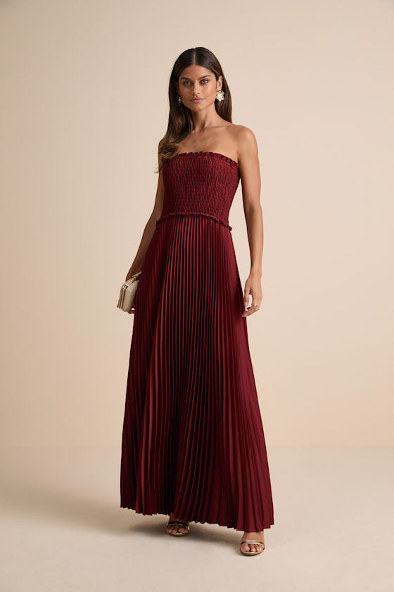 Damira Rust Satin Pleated Strapless Maxi Dress #Color_Rust