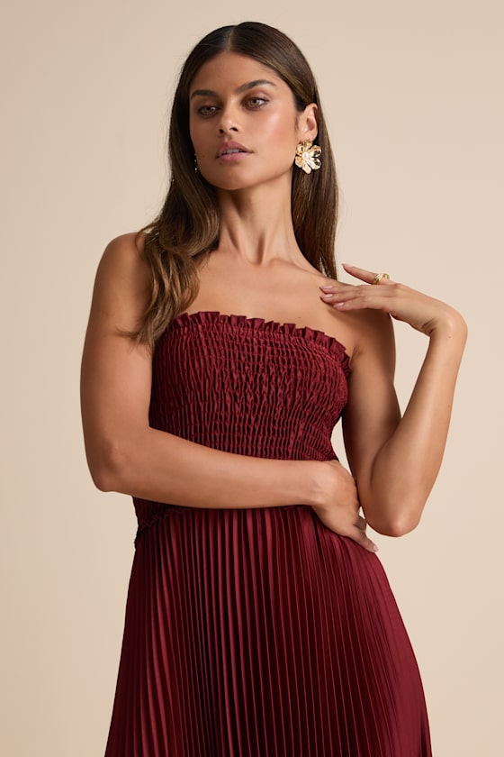Damira Rust Satin Pleated Strapless Maxi Dress #Color_Rust