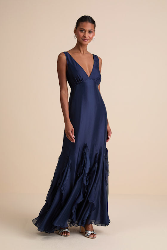 Deluca Ivory Sleeveless Ruffled Maxi Dress #Color_Navy