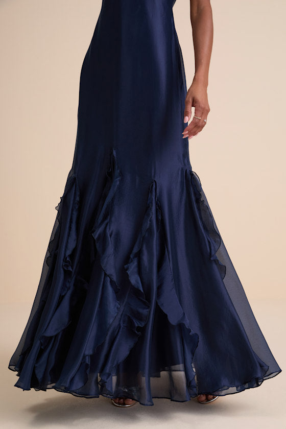 Deluca Navy Floral Sleeveless Ruffled Maxi Dress #Color_Navy