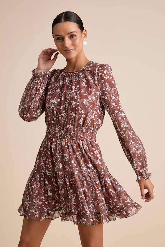 Too Cute Navy Blue Floral Print Smocked Long Sleeve Mini Dress #Color_Brown Floral Print