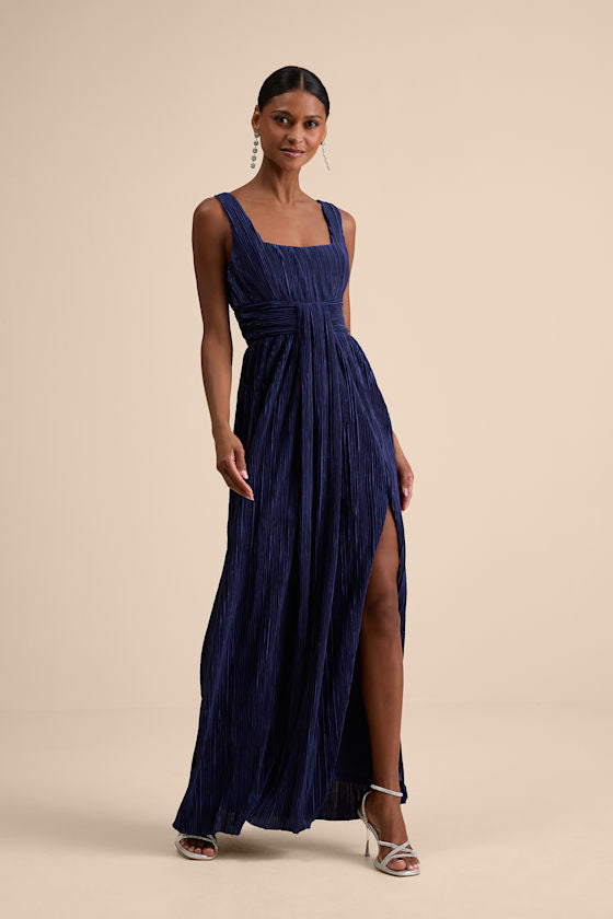 Ameena Light Blue Plisse Square Neck Sash Maxi Dress