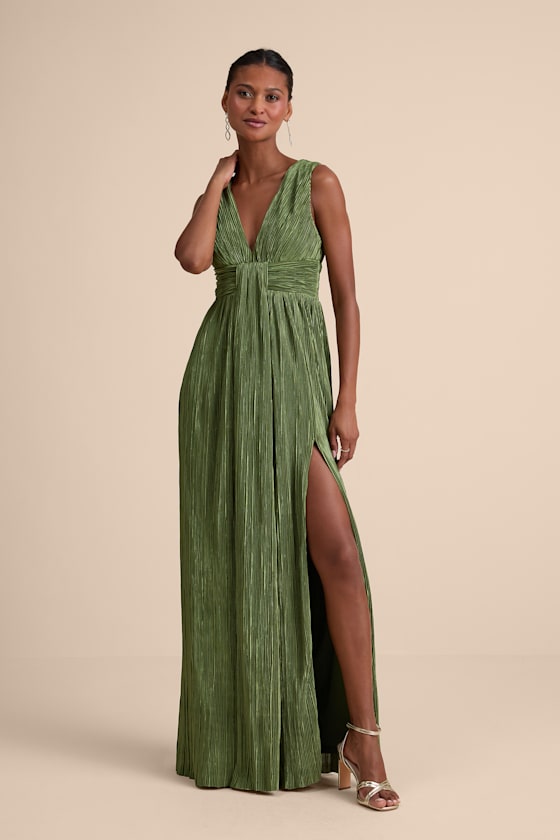 Melitta Lime Green Plisse Sash Maxi Dress #Color_Olive Green