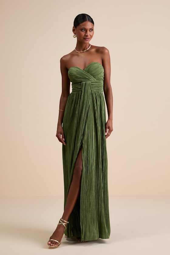 Oswin Light Blue Satin Plisse Strapless Maxi Dress #Color_Olive Green