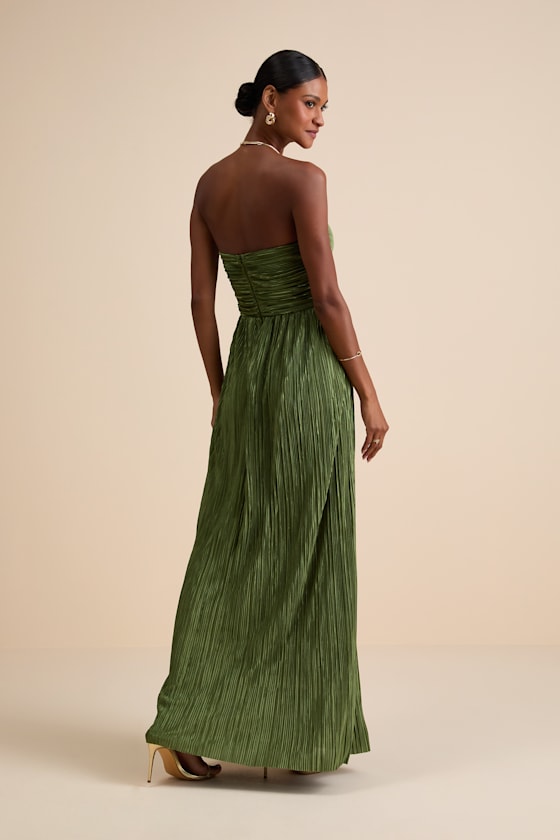 Oswin Lime Green Satin Plisse Strapless Maxi Dress