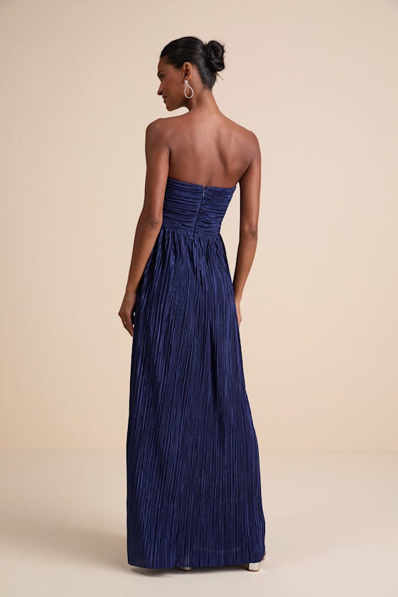 Oswin Light Blue Satin Plisse Strapless Maxi Dress