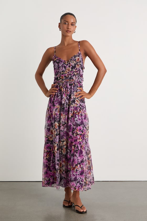 Dayah Purple Floral Ruffled Tiered Midi Dress #Color_Purple Floral