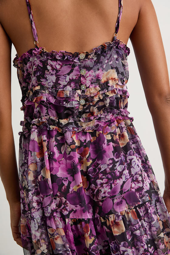 Dayah Purple Floral Ruffled Tiered Midi Dress #Color_Purple Floral