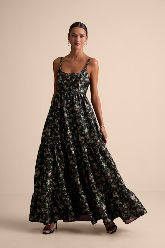 Avalie Cream Floral Tiered Bustier Maxi Dress #Color_Black Floral