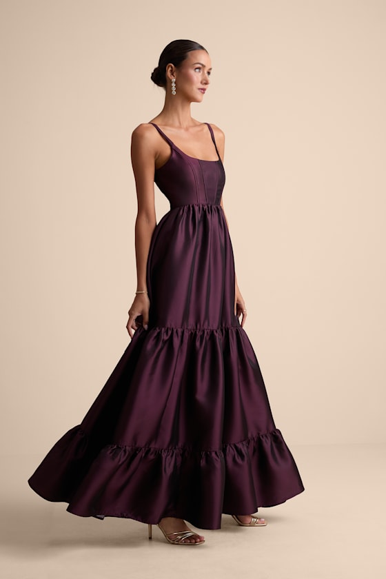 Avalie Cream Floral Tiered Bustier Maxi Dress #Color_Plum Purple