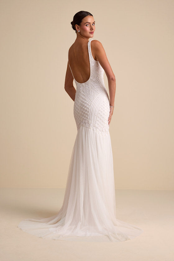 Kentworth Ivory Sequin Beaded Scoop Back Maxi Dress #Color_Ivory