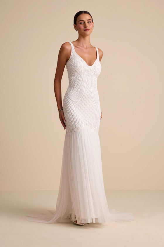Kentworth Ivory Sequin Beaded Scoop Back Maxi Dress #Color_Ivory
